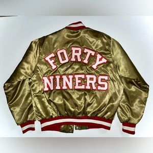 90s Vintage Locker Line San Fransisco 49ers Satin Jacket, Sz XL. Tan/ Red/ White